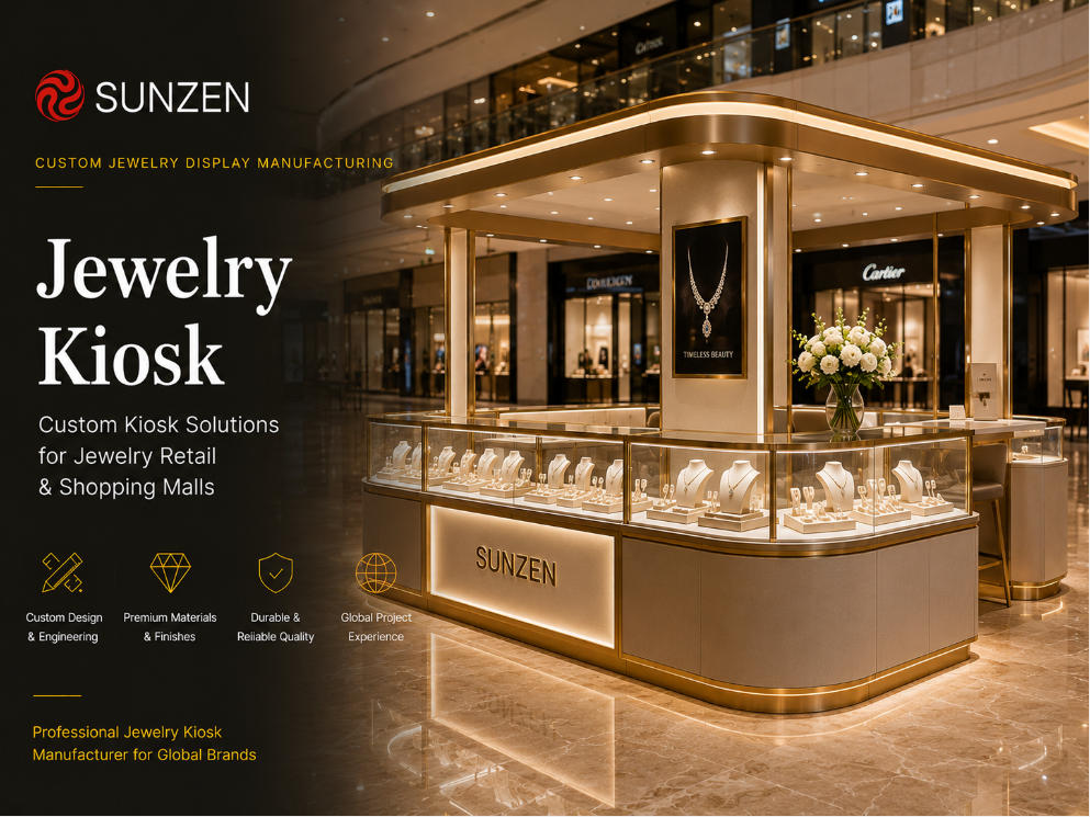 Luxury custom jewelry kiosk manufactured by SUNZEN for shopping malls and retail projects